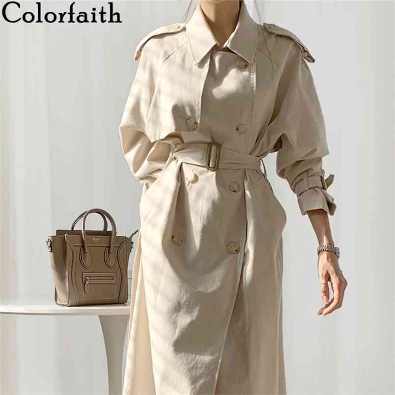 Colorfaith Spring Autunm Women's Windbreaker Elegant Buttons Vintage Oversized Lace Up Office Long Trench Tops JK1311 210914