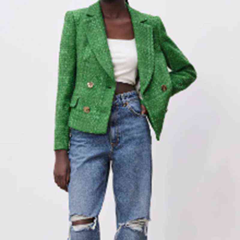 OneBling Za Simple Green Plaid Tweed Notched Double-Breasted Fitted Blazers Female England Style Short Coats Urban Outfits 211122