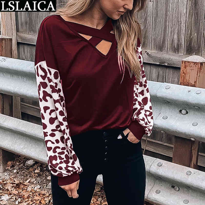 Shirts for Women Leopard Print Patchwork Long Sleeve V Neck Female Tops Casual Autumn Fashion Clothing Streetwear 210520