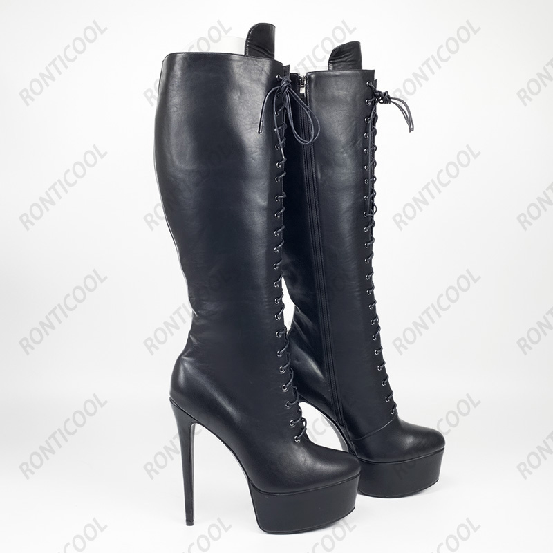 Rontic High Quality Women Winter Knee Boots Waterproof Stiletto Heels Round Toe Boutique Black Grey Shoes Plus US Size 5-20