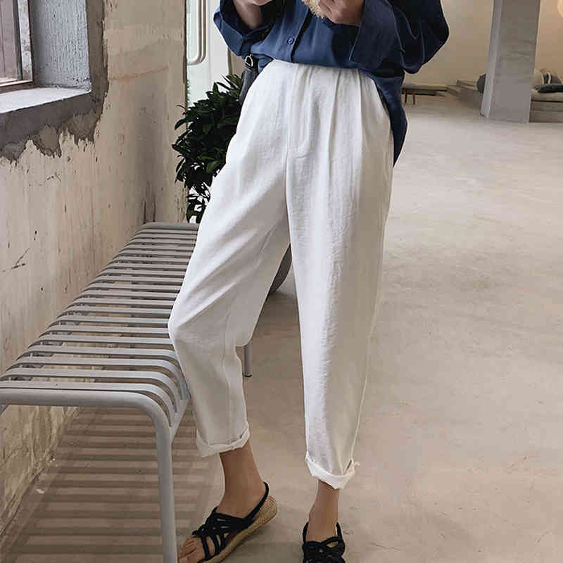 Summer Women Pants Fashion High Waist White Harem Solid Casual Cotton and Linen Ladies Loose Trousers 9758 210518