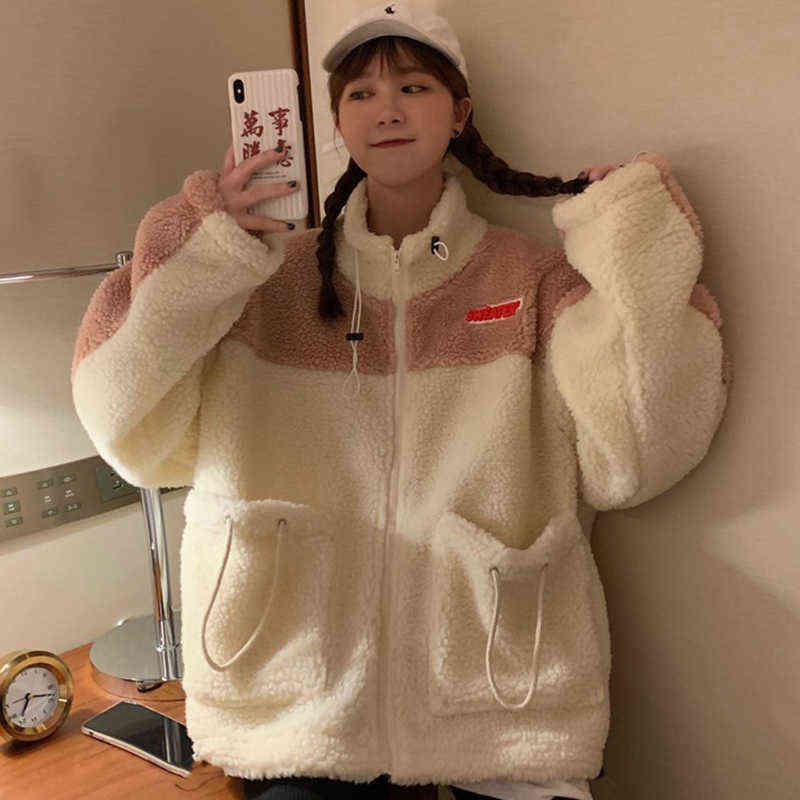 Women Hoodies thick fleece Hoodies zip-up patchwork cute Autumn Winter girls Loose coat 211109