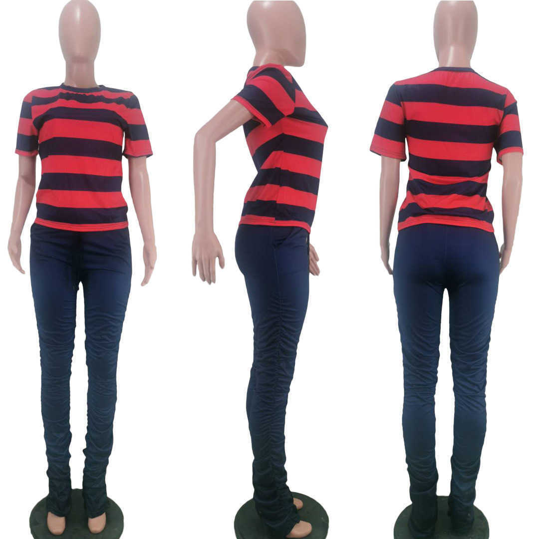 Wholesale Pants 2 Piece Suits Fashion Color Matching T Shirt Hip Slim Pleated Micro Flared Outfits Ladies Print Casual Clothing