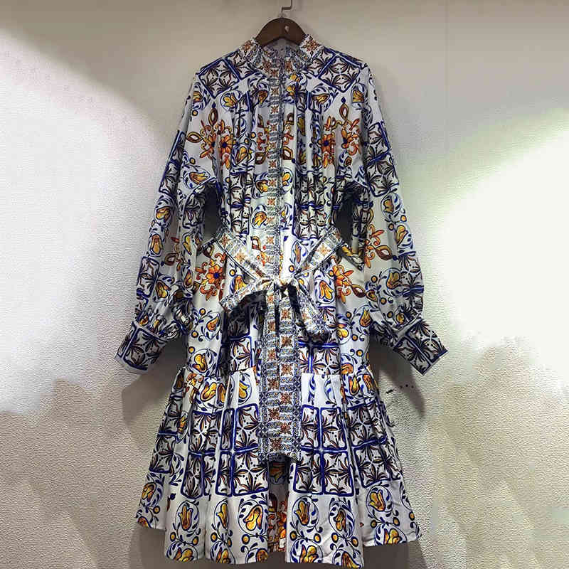 VGH Print Patchwork Ruffle Dress For Women Stand Collar Long Sleeve High Waist Lace Up Vintage Dresses Female Fashion Clothes 210421