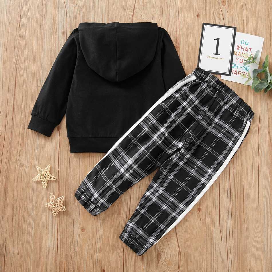 Arrival Spring and Autumn 2-piece Baby Toddler Letter Hooded Pullover Plaid Pants Set Children's Clothing 210528