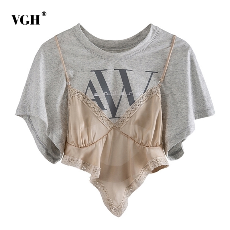 VGH Elegant Patchwork T Shirt Women O Neck Short Sleeve Asymmetrical Hit Color Print Lace Up Irregular Hem T-shirts Female 210406