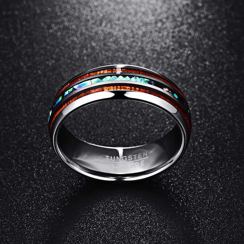 silver color koa wood abalone inlay high polish 8mm width 100% genuine wedding band elegance tungsten carbide rings for men 210701