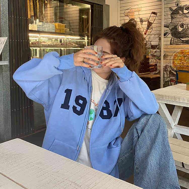 3 colors Women Autumn Winter Hoodie Coats Warm Jacket Casual Tops digit letter Female Thick Coat womens (F4105) 210423