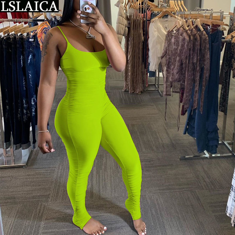 Fashion jumpsuit women solid color spaghetti straples knitted hollow out bodysuit sexy elegant casual streetwear 210520