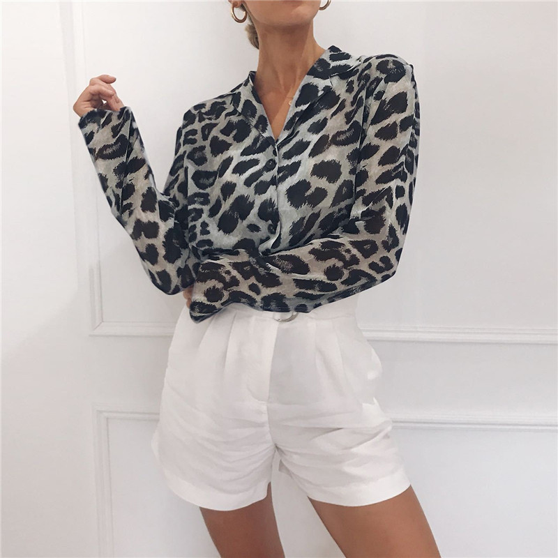 Spring Long Sleeve Leopard Blouse Office Lady Shirt Causal Turn Down Collar Loose Chiffon Tunic Tops 3XL 210428