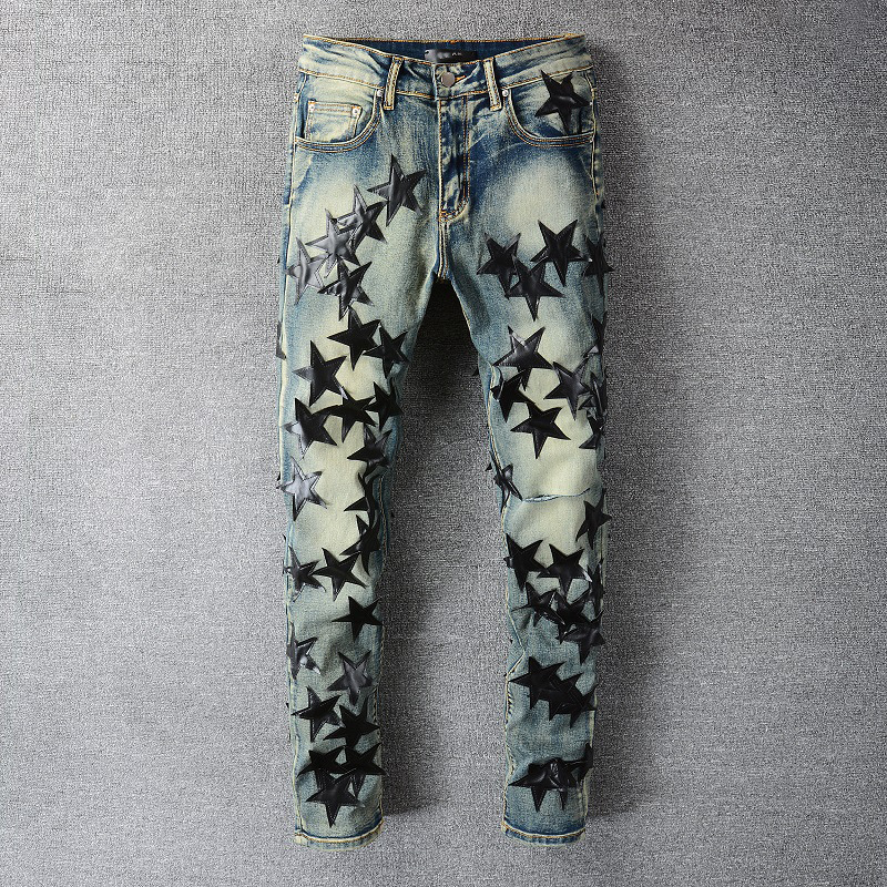 Personality Patch Skin Star Trend Jeans for Young Men with High Craftsmanship Stretch Slim-fitting Pants, Blue
Personality Patch Skin Star Trend Jeans for Young Men with High Craftsmanship Stretch Slim-fitting Pants, Blue