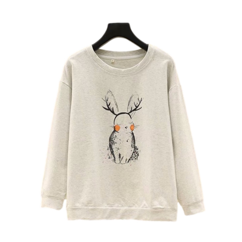 Streetwear Women Cartoon Rabbits Print Hoodies Fashion Ladies O-Neck Tops Causal Female Chic Grey Pullovers 210430