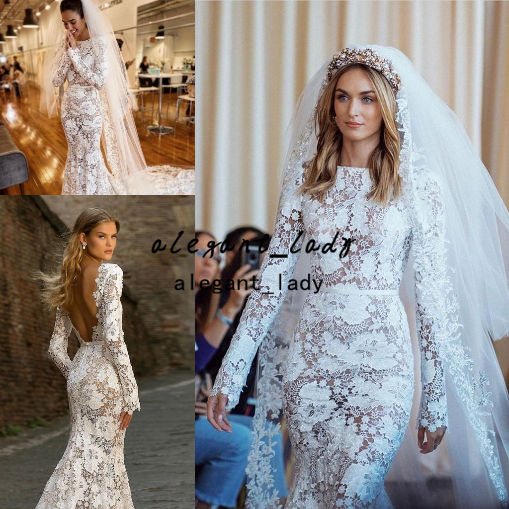 Crochet Cotton Lace Mermaid Wedding Dresses 2022 Berta Backless Long Sleeve Slim Jewel Neck Bohemian Country Bridal Dress vestidos