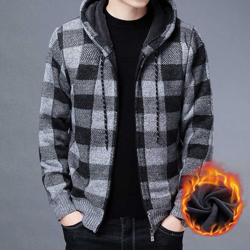 ZITY Men's Sweater Coat Autumn Winter Thick Warm Hooded Plaid Sweater Cardigan Jumpers Zipper Fleece Coat Men Clothing 210818