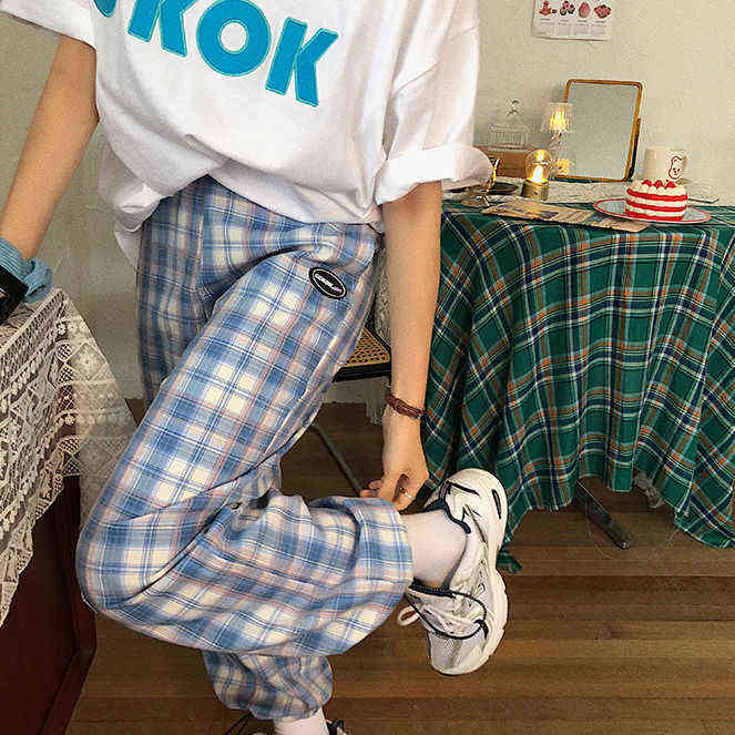 Jogger Pants Women Fashion purple Plaid Loose High Waist Female Trousers Track hip hop Harem pants Pockets Summer Streetwear 211115