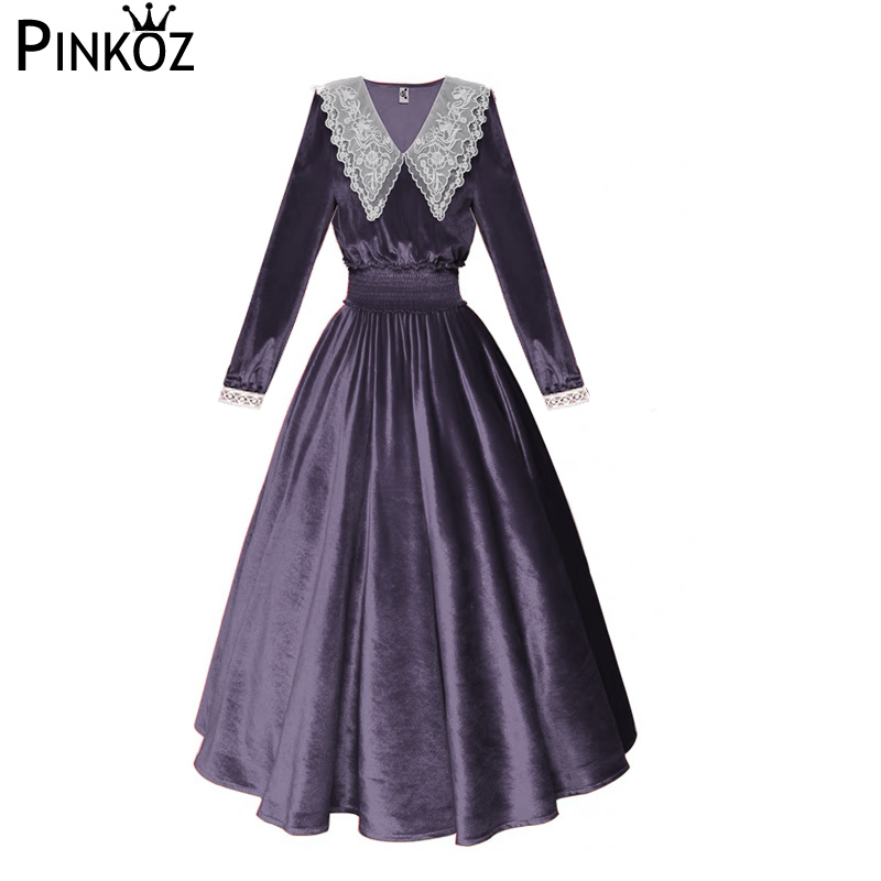 Plus Size Boho Autumn Vintage Velvet Elegant Long Midi Lantern Sleeve Dress Elastic High Waist Turn Down Collar 210421