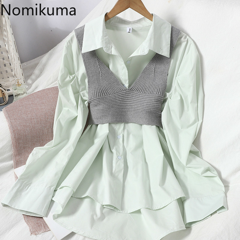 Nomikuma Two Piece Blouse Sets Puff Sleeve Medium-long Blouses Shirt + Knitted Slim High Waist Short Vest Women Outfits 6D869 210427