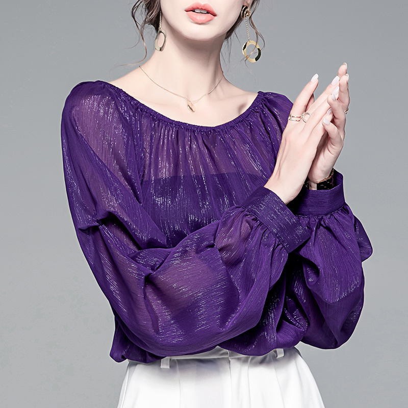 Fashion Chiffon Blouse Women Lantern Sleeve Top Female Autumn Vintage Purple Loose Sexy Perspective Shirt Blusa 11842 210427