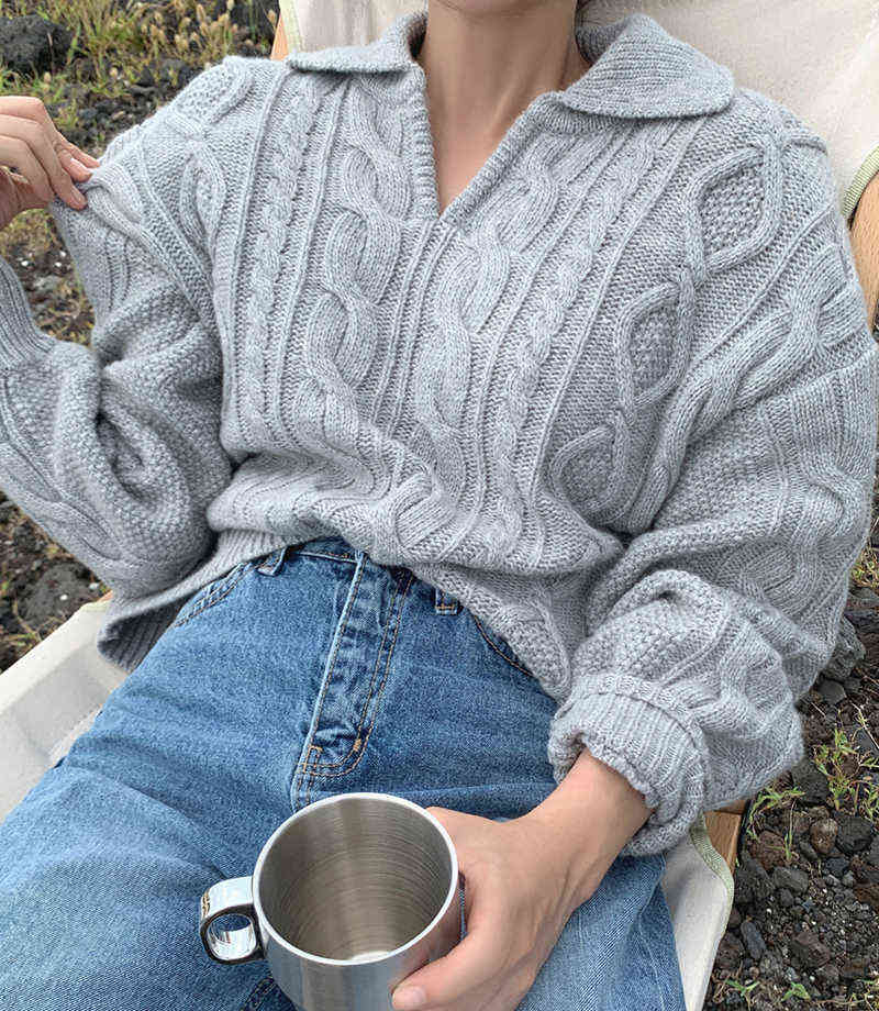 Alien Kitty Retro Women Sweater Pullovers Knitted Casual Solid Autumn Turn-down Collar Feminine Loose All Match Soft Sweet Tops 211109