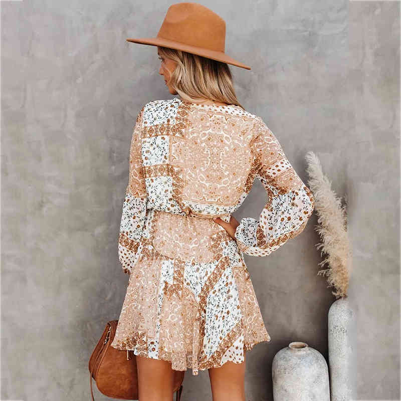 Foridol Floral Print Boho Spring Dress Women Long Sleeve Short Chiffon Khaki Button Dress Ladies Vintage Dress 210415