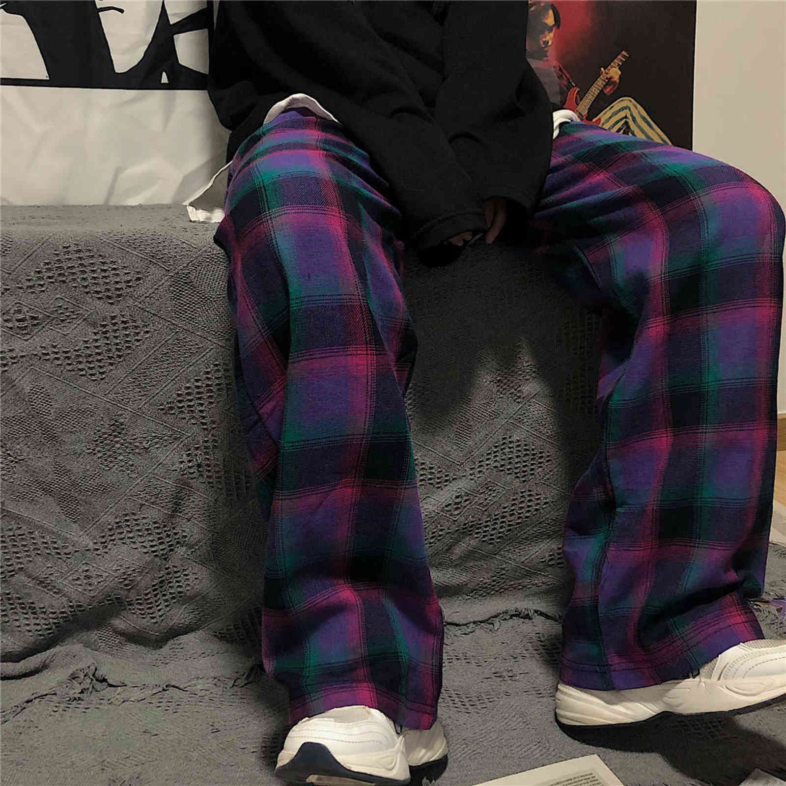 HOUZHOU Harajuku Plaid Pants Women Street Style Korean Wide Leg Purple Oversize Checked Trousers For Female Aesthetic 211124