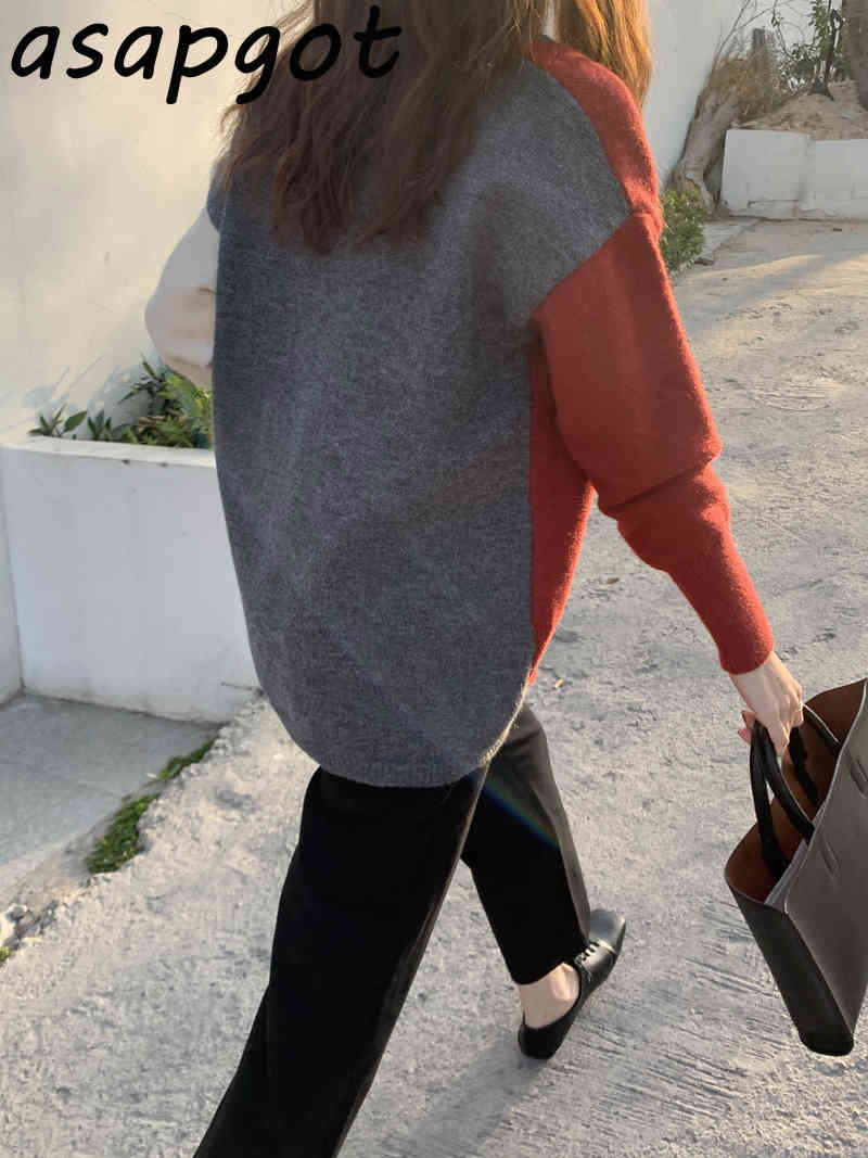 V Neck Purple Patchwork Blue Knitted Cardigan Jacket Contrast Color Single-breasted Long Sleeve Sweaters Jumpers Casual Retro 210429