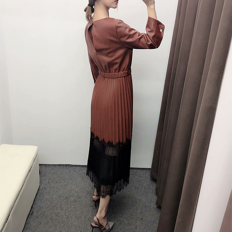 Vintage Lace Patchwork Pu Leather Women Dress Ladies Three Quarter Sleeve Pleated Midi es Fashion Elastic Waist Long 210515
