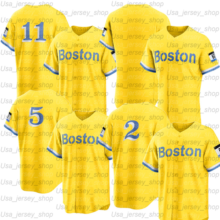 2021 Men's Boston City Connect Gold Jersey 11 Rafael Devers 5 Enrique Hernandez 2 Xander Bogaerts 18 Mitch Moreland 3 Jose Peraza
2021 Men's Boston City Connect Gold Jersey 11 Rafael Devers 5 Enrique Hernandez 2 Xander Bogaerts 18 Mitch Moreland 3 Jose Peraza