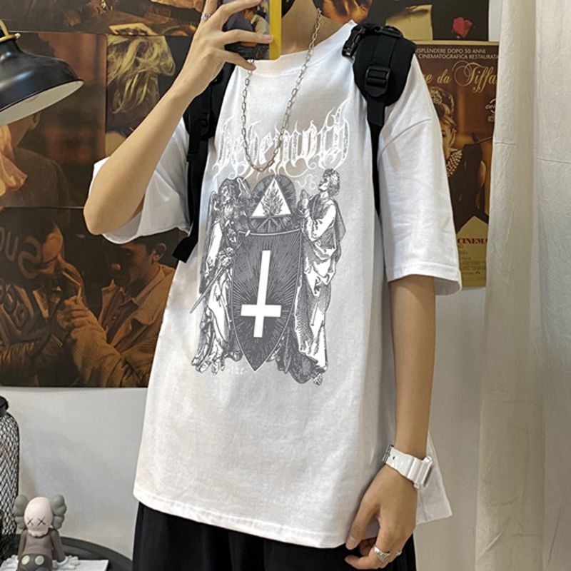 QWEEK Goth Harajuku Tshirt Emo Style Mall Goth Tops Summer Punk Rock Gothic Graphic T Shirts Streetwear Black Tops Clothes 210406