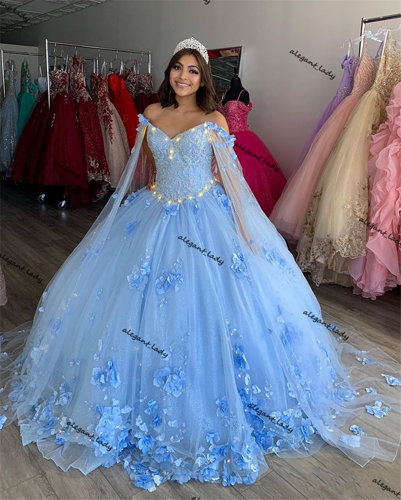 Sky Blue Ball Gown Quinceanera Dresses with Dechable cape Sleeves Sweetheart Tulle Lace Applique Sweet 16 Dress Party Wear
