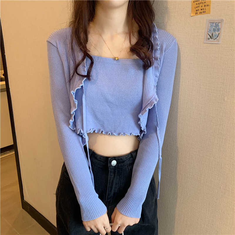 Womens Cardigan s Sets Knitted Sweater Korean Clothing Lace Up Cardigans Thin Slim Crop Tops Pullover 211018