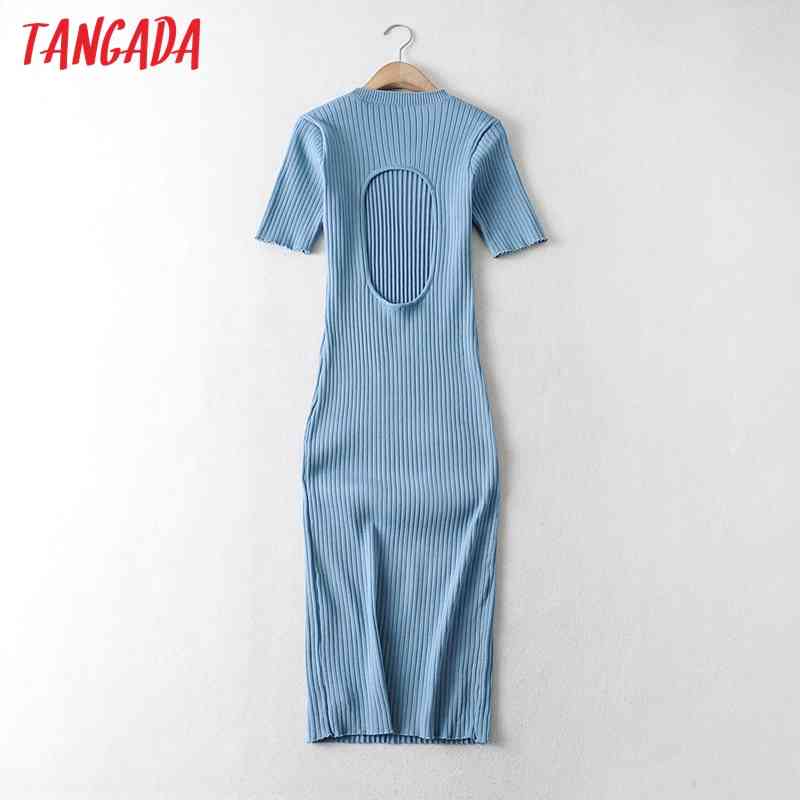Fashion Women Blue Backless Knit Short Sleeve O Neck Ladies Sexy Midi Dress AI47 210416