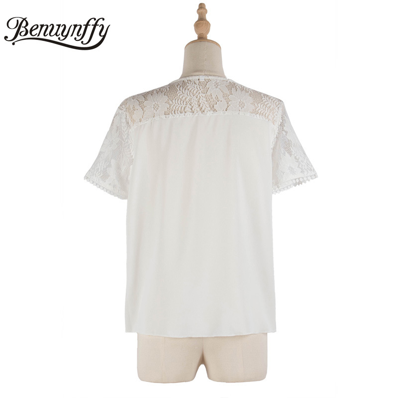 V-neck Lace Patchwork White Blouses Tops Women Fashion Summer Short Sleeve Pleated Front Casual Ladies Blouse 210510