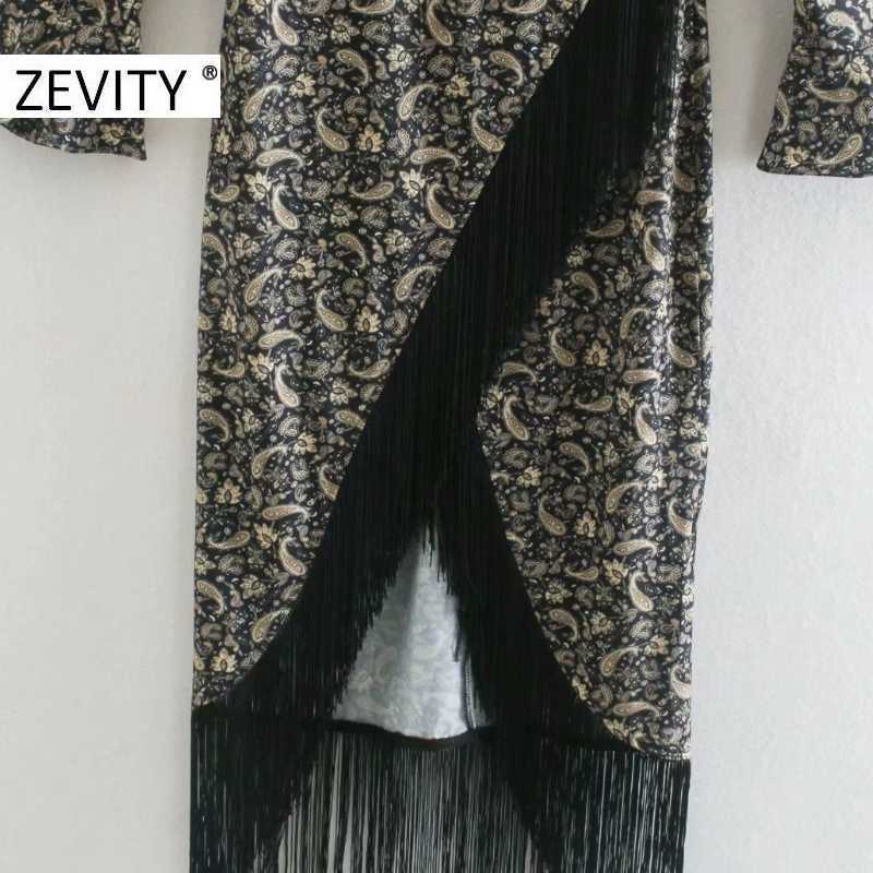 Zevity Autumn Women Vintage Cashew Nuts Print Hem Tassel Asymmetrical Dress Ladies Chic Sexy Hole Slim Party Vestido DS4546 210603