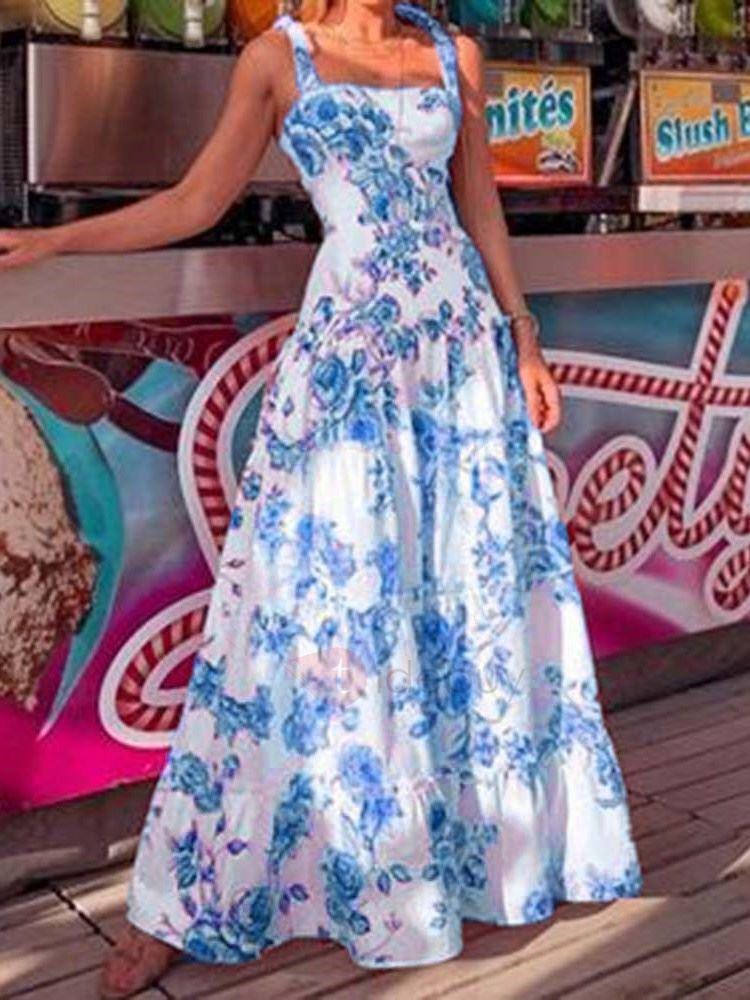 Women's Sexy Slim Dress Summer Casual Spaghetti Strap Square Collar Floral Print Backless Dresses