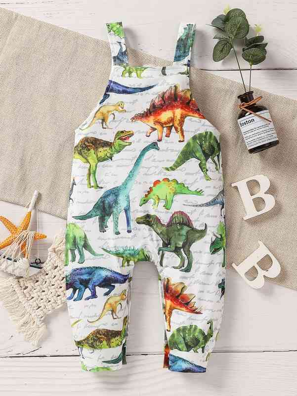 Baby Striped & Dinosaur Print Kangaroo Pocket Overall Jumpsuit SHE