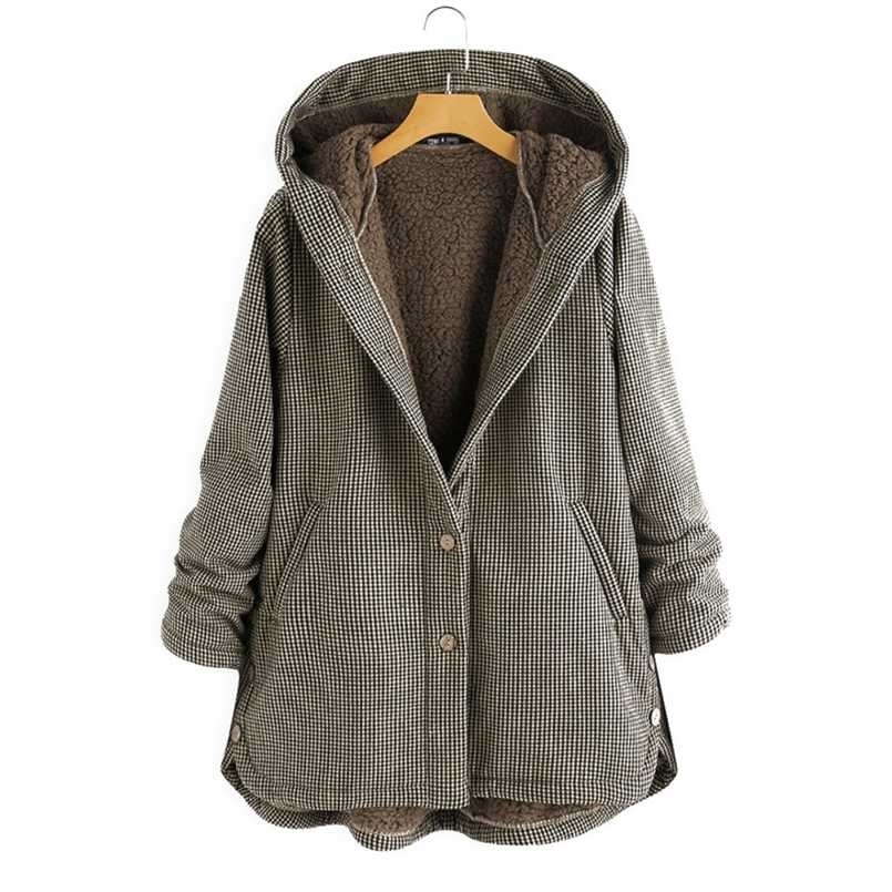 Coat Autumn And Winter Women's Plaid Loose Plus Velvet Buttons High Street Hooded Jacket Manteau Femme En* 211104