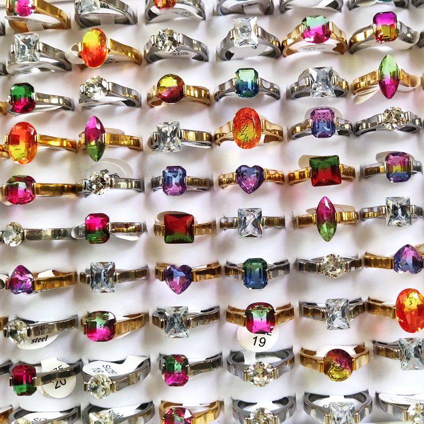 30pcs/lot Assorted Color Stone Ring Women Gold Silver Stainless Steel Clear Crystal Charm Rings Girls Accessories Wholesale Wedding Engagement Jewelry