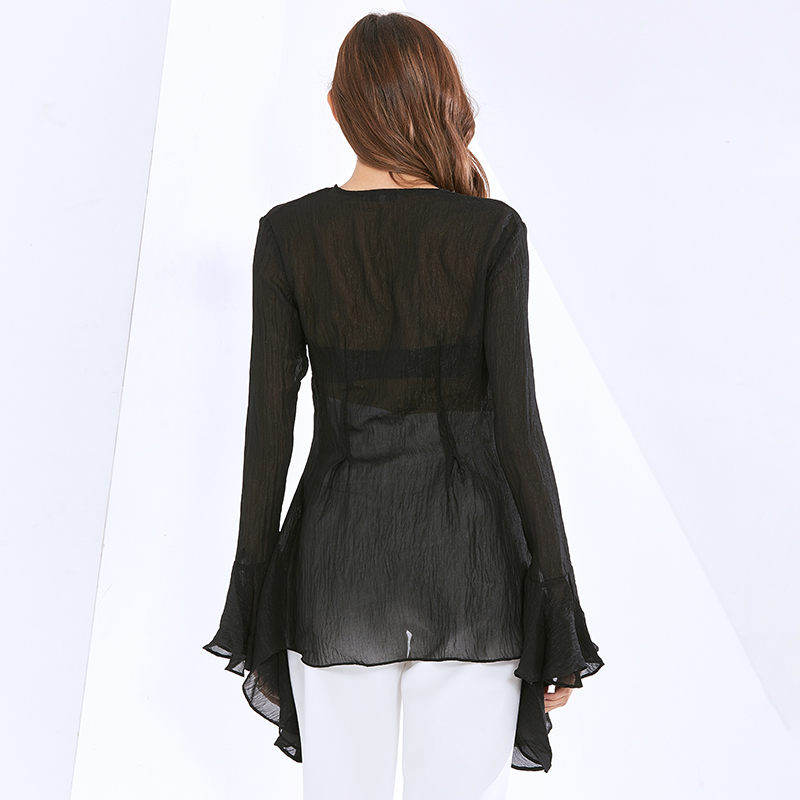 Elegant Thin Shirt For Women V Neck Flare Long Sleeve Tunic Black Blouse Female Fashion Clothing Style 210524