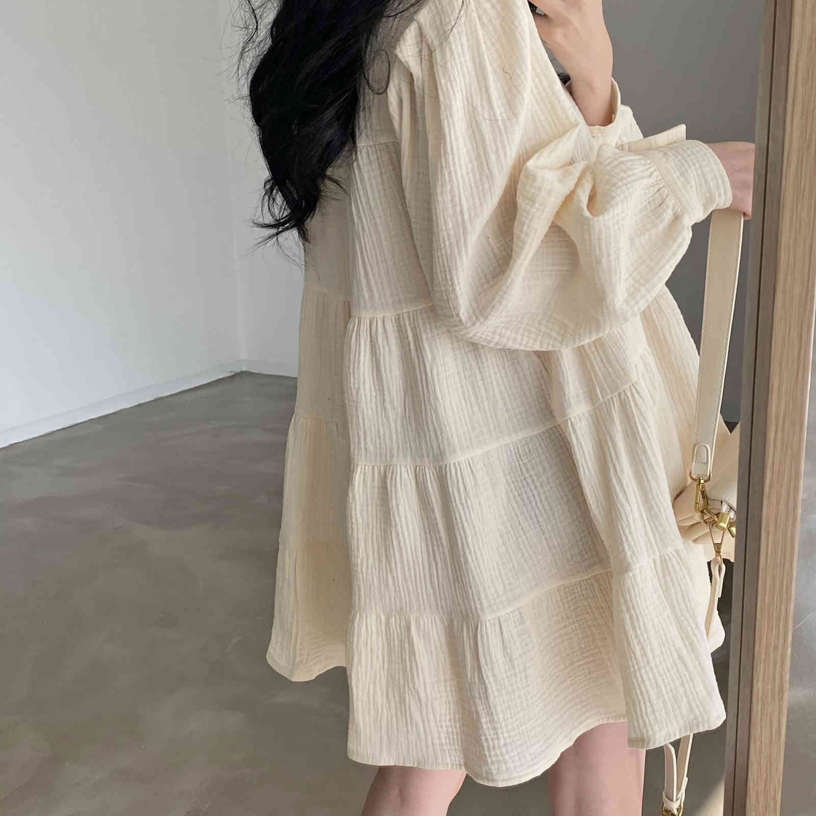 Korea Women Chic Ruched Long Sleeve Solid Color Shirt Dresses Spring Casual Turn Down Collar Loose Office Lady Mini Dress 210518