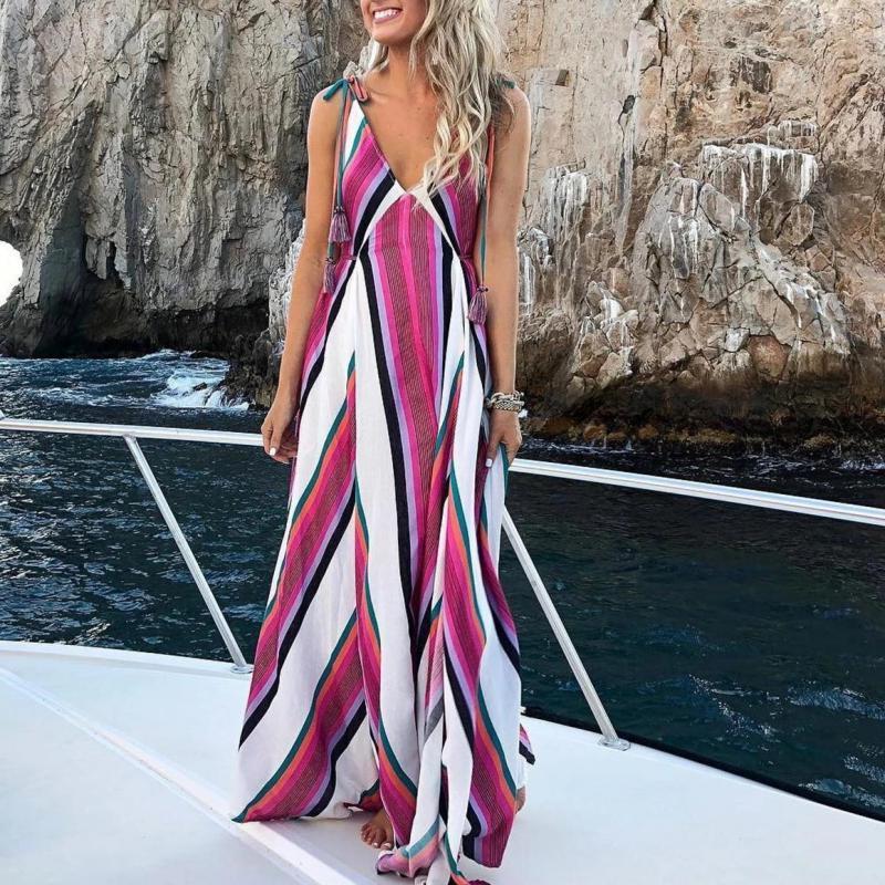 Women Dress V-neck Striped Plus Size Long Dresses Sleeveless Sexy Vintage Summer Clothes 210513