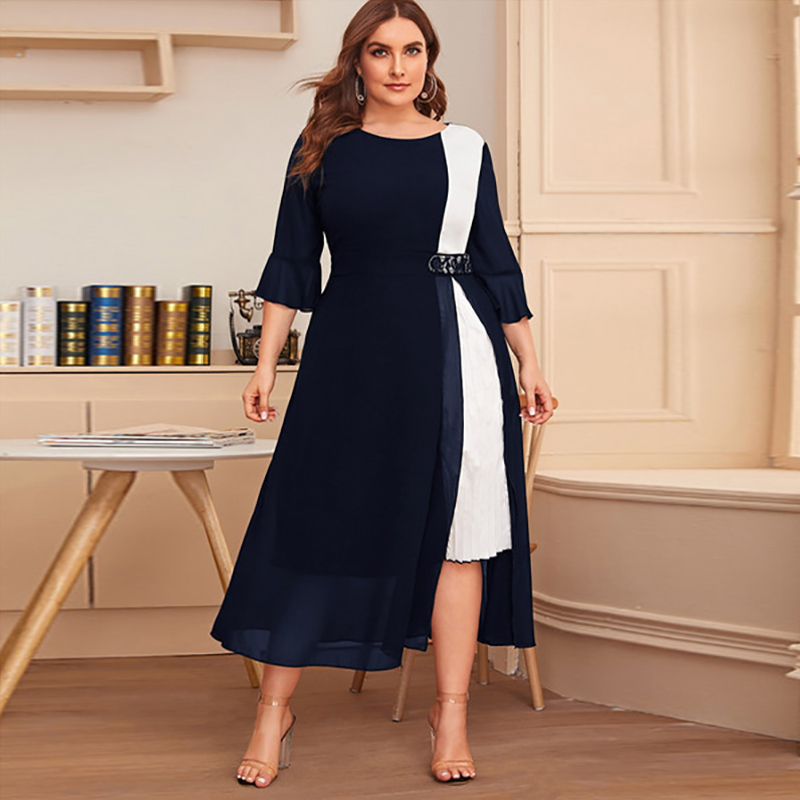 White And Black Contrast Color Elegant Dress Women Summer Three Quarter Sleeve Casual Dress Plus Size Maxi Long Dresses 210331
