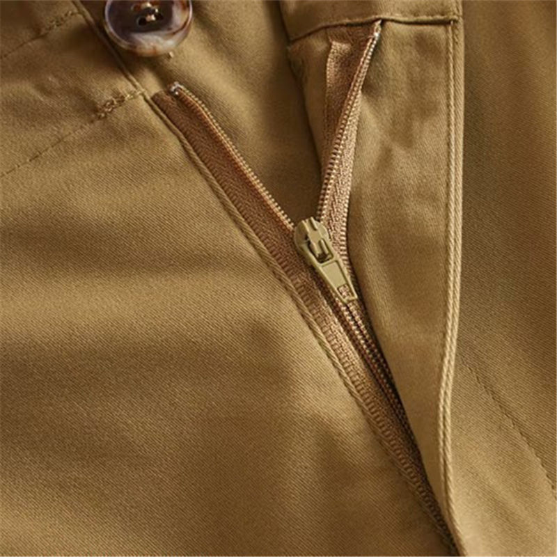 Women Khaki Cotton Paperbag Pants Fashion Streetwear Pockets Pleated Waist Trousers Ladies Casual Long Pantalon 210515