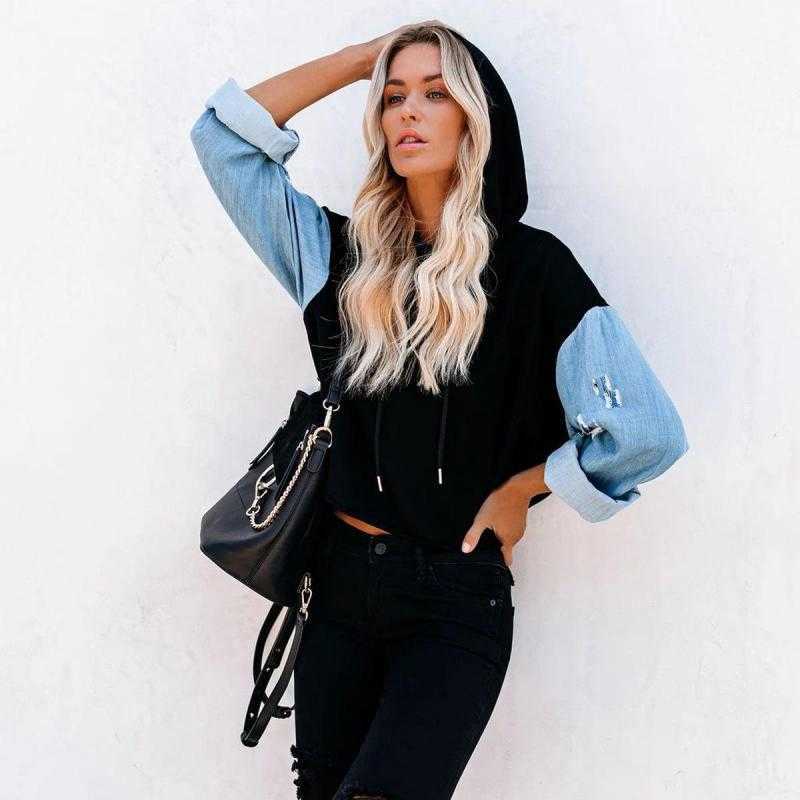 Women Hoodie Cotton Hooded s Sweatshirts Pullove Denim Stitching Coat Loose Casual s Hoodies Autumn 210524