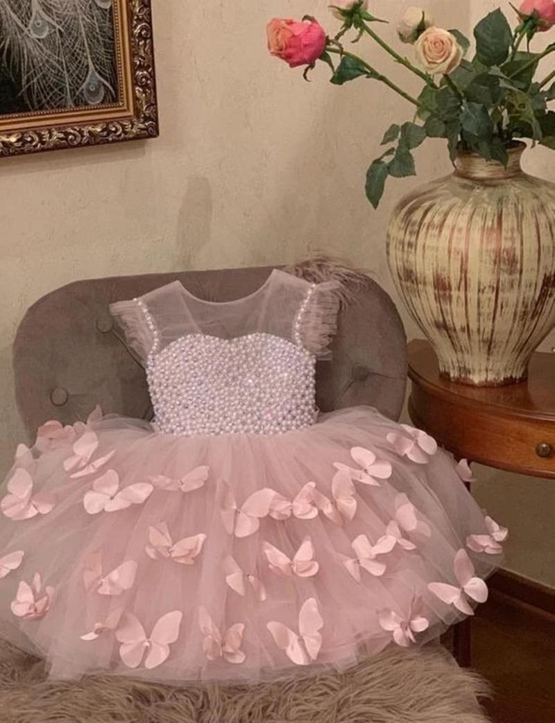 

Girl's Dresses Flower Girl Pink 3D Butterflies Pearls Top Little Princess Custom Made Birthday Party Dress, Ivory