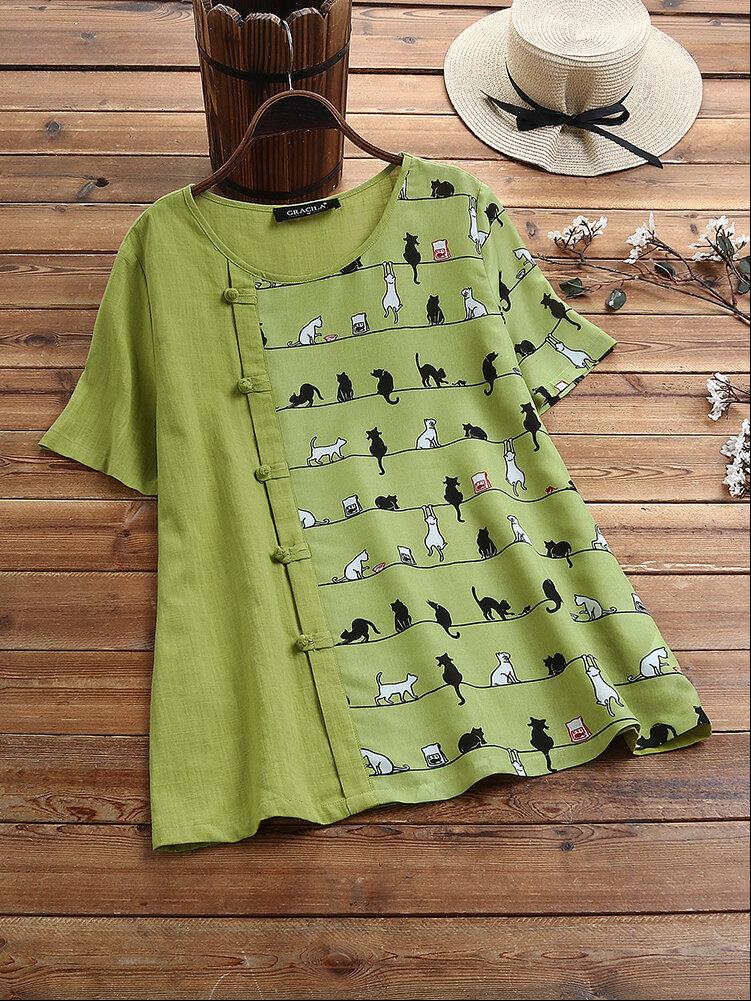 women t shirt printed cute cat green short sleeve vintage button casual tees femme loose sweet cartoon navy, White
women t shirt printed cute cat green short sleeve vintage button casual tees femme loose sweet cartoon navy, White