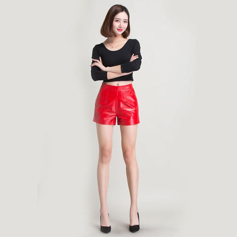 Luxury Women Genuine Leather Shorts 2021 High Waist Fitness Red Wide Leg Sheepskin Elastic Short Pants Femme Women's
