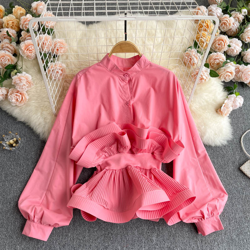 Nomikuma Women Blouse Korean Pleated Ruffle Slim Waist Top Shirts Elegant Lantern Sleeve Stand Neck Blusas Camisas Mujer 6G980 210427