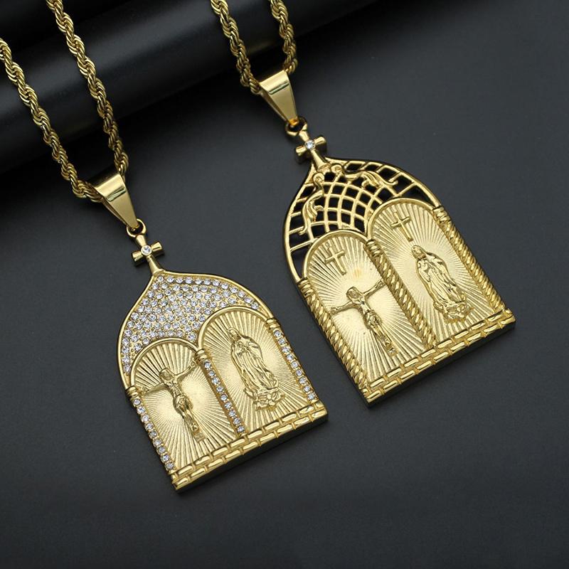 Pendant Necklaces Hip Hop Bling Iced Out Rhinestones Stainless Steel Church Virgin Mary Jesus Necklace For Men Rapper Jewelry, Silver 
Pendant Necklaces Hip Hop Bling Iced Out Rhinestones Stainless Steel Church Virgin Mary Jesus Necklace For Men Rapper Jewelry, Silver