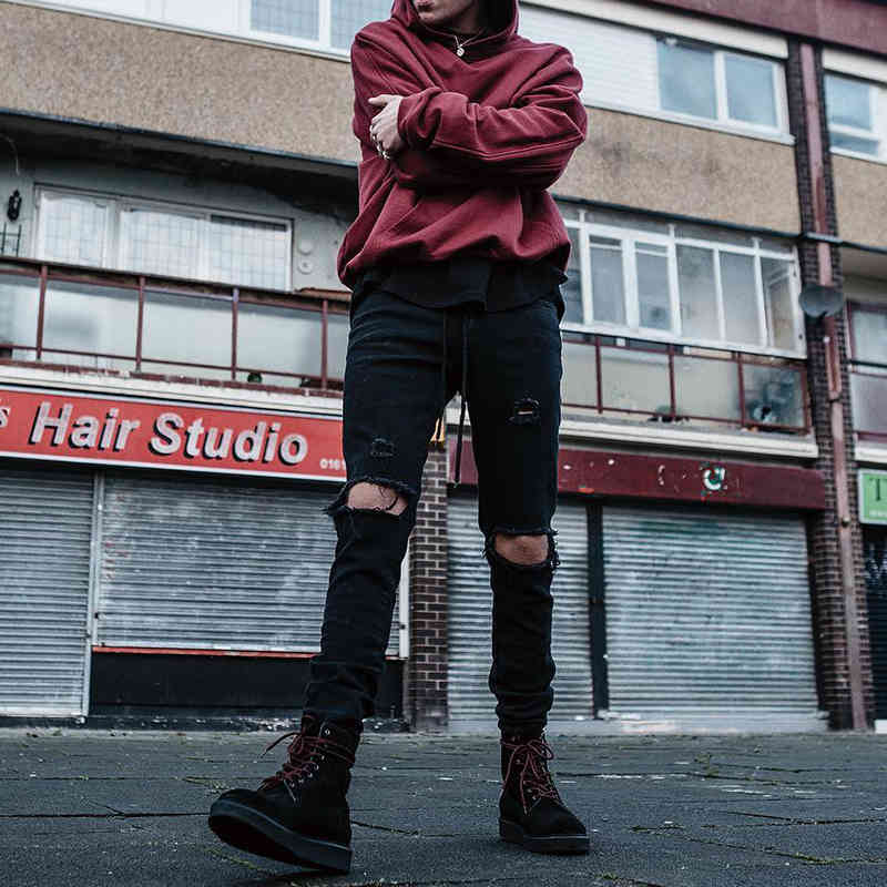 IEFB /men's wear streetwear high-quality Destroyed Pants holes slim stretch small feet black jeans male spring 9Y2176 210524